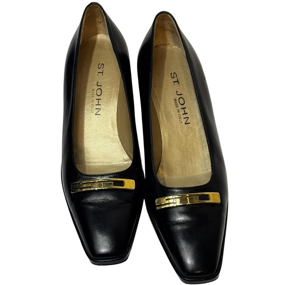 St John Shoes Womens Size 8 Black Leather Gold Accent Block Heel Made In Italy - Picture 1 of 10